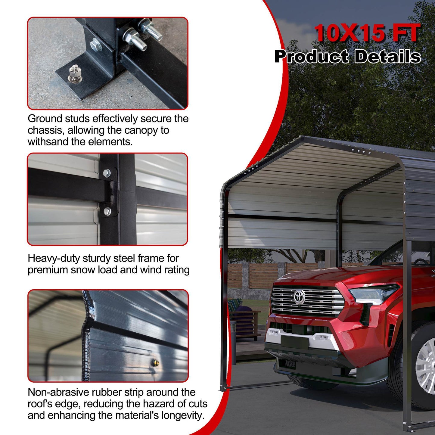 10x15 Ft  Metal Carport Carports With Enhanced Base Heavy Duty Garage Outdoor Galvanized Car Shelter For Car, Boats And Truck