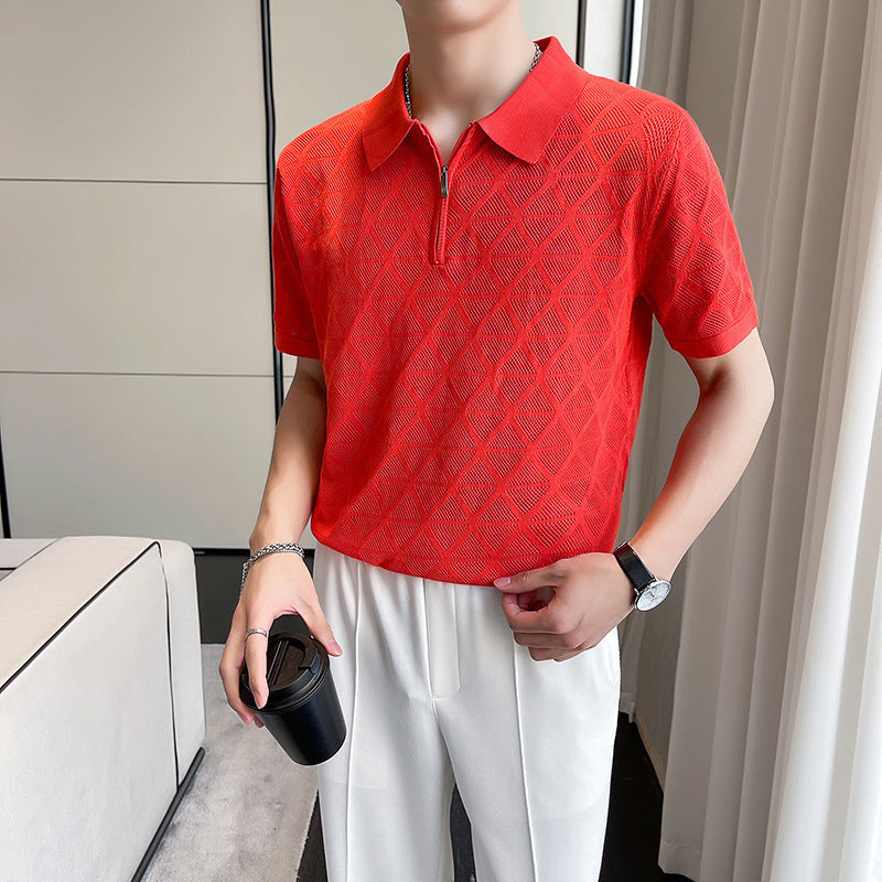 Slim-fit Lapel Rhombus Breathable Hollowed Leisure Top For Men