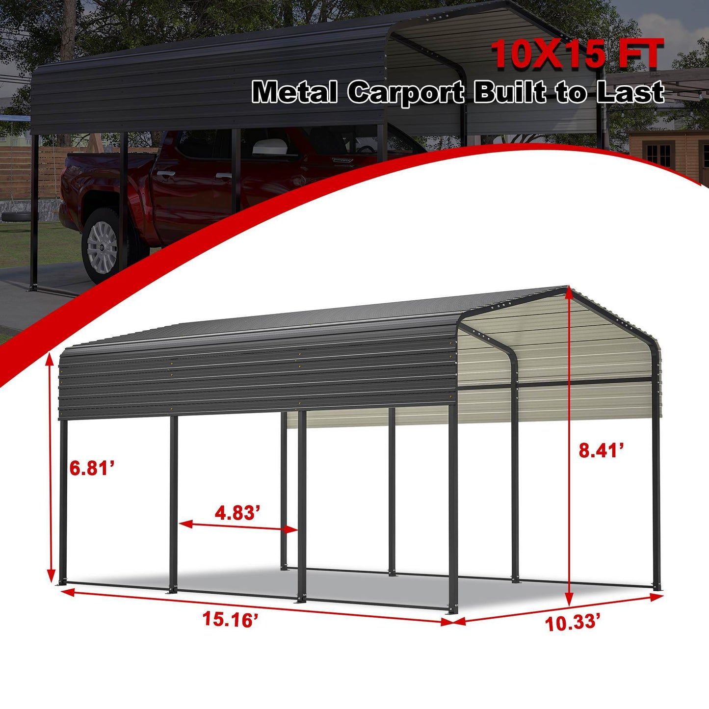 10x15 Ft  Metal Carport Carports With Enhanced Base Heavy Duty Garage Outdoor Galvanized Car Shelter For Car, Boats And Truck