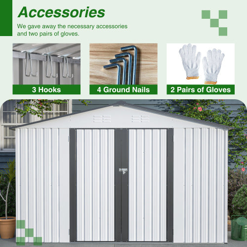 10X8 FT Outdoor Storage Shed, All Weather Metal Sheds With Lockable Doors, Tool Shed For Garden, Patio, Backyard, Lawn, Grey