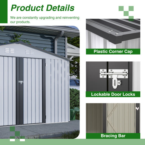 10X8 FT Outdoor Storage Shed, All Weather Metal Sheds With Lockable Doors, Tool Shed For Garden, Patio, Backyard, Lawn, Grey