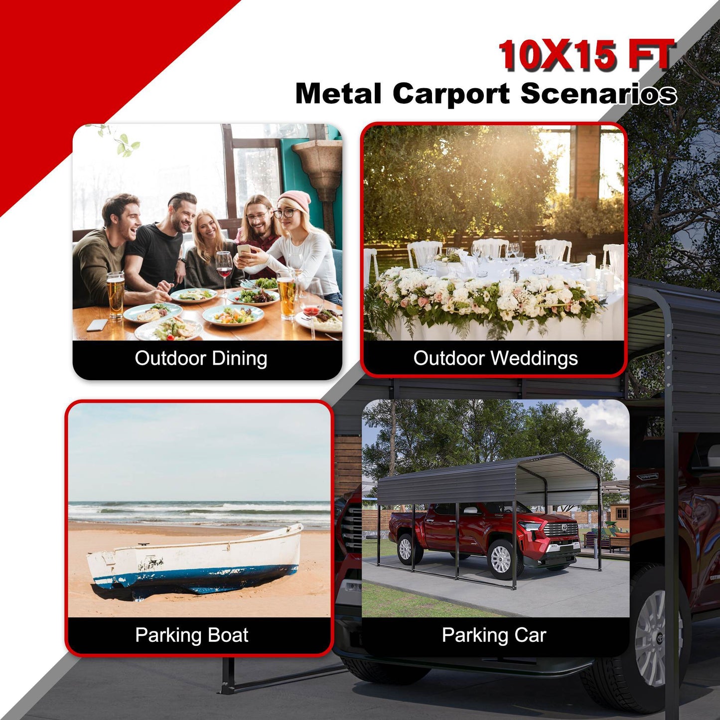 10x15 Ft  Metal Carport Carports With Enhanced Base Heavy Duty Garage Outdoor Galvanized Car Shelter For Car, Boats And Truck