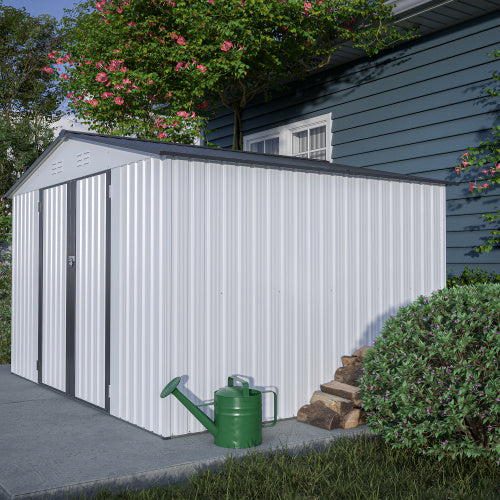 10X8 FT Outdoor Storage Shed, All Weather Metal Sheds With Lockable Doors, Tool Shed For Garden, Patio, Backyard, Lawn, Grey
